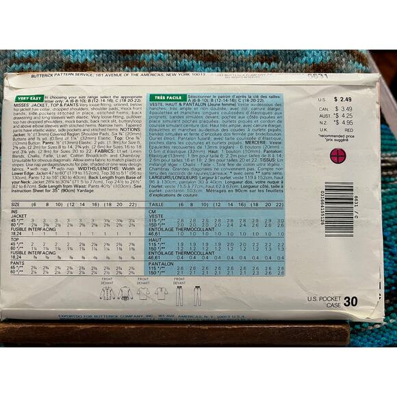 Butterick Sewing pattern 6631 suit blazer top pants size 18 20 22 - Picture 3 of 7